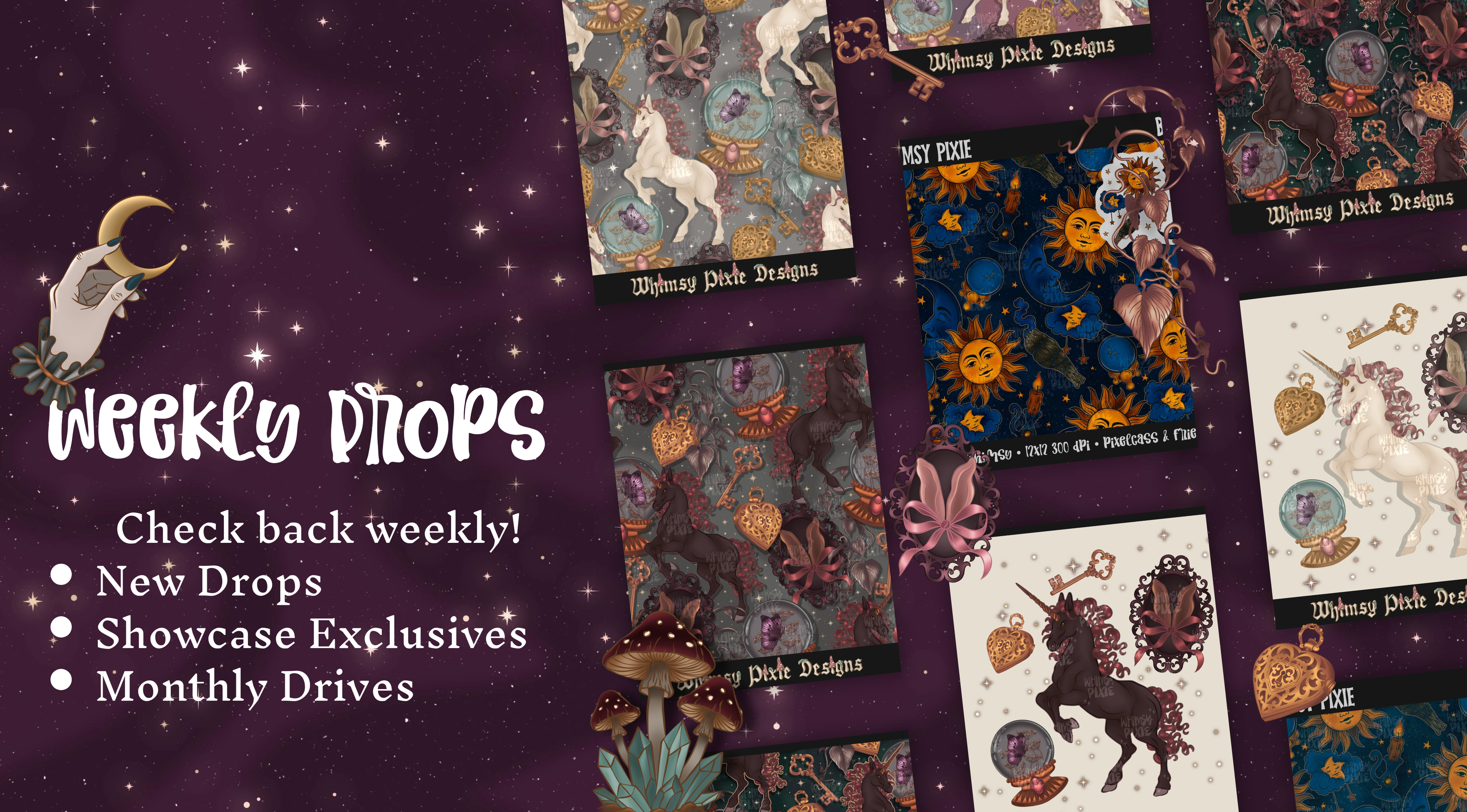 Collage of tarot card designs with promotional text on a purple background