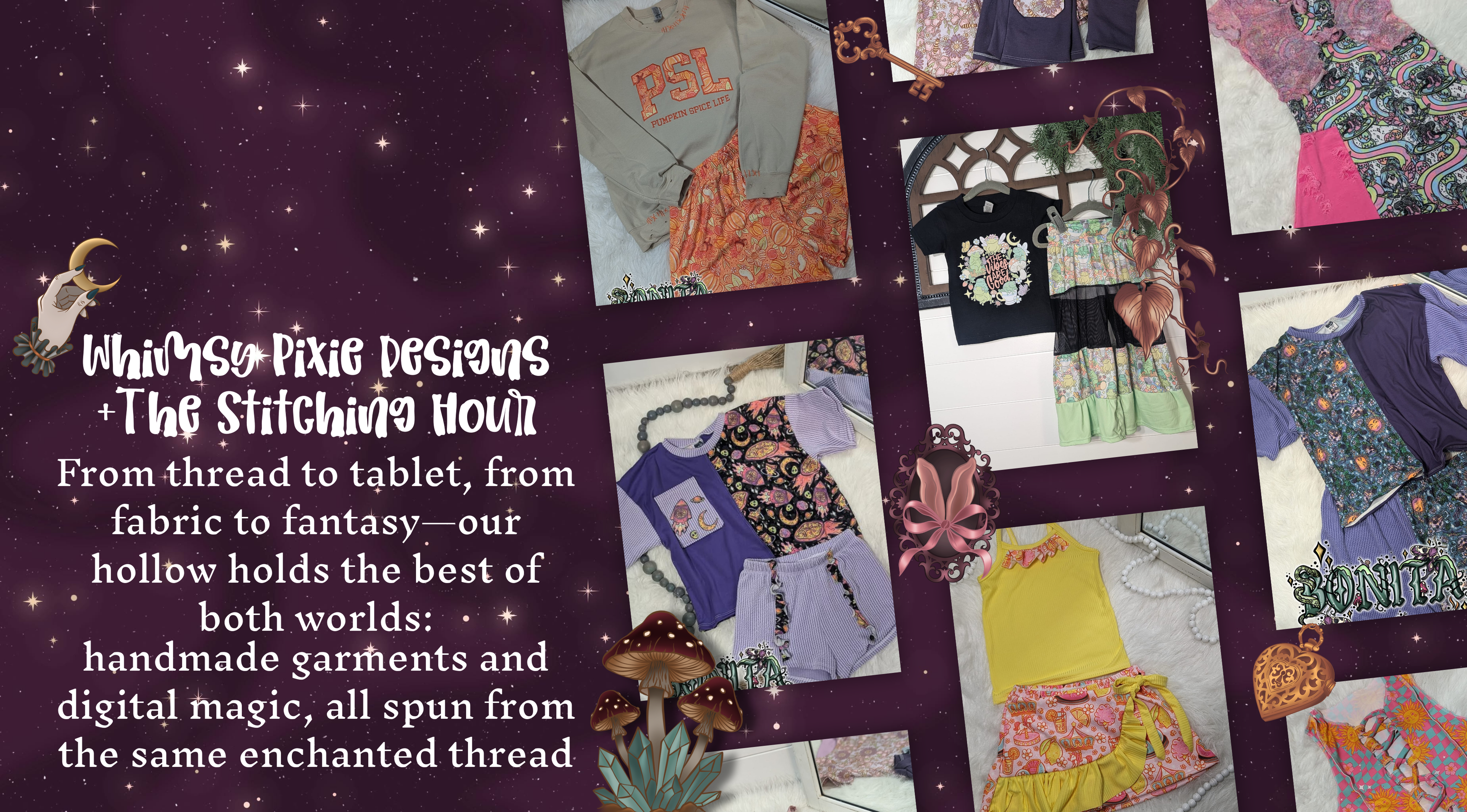 Promotional image for Whimsy Pixie Designs with clothing and fabric samples on a purple background.