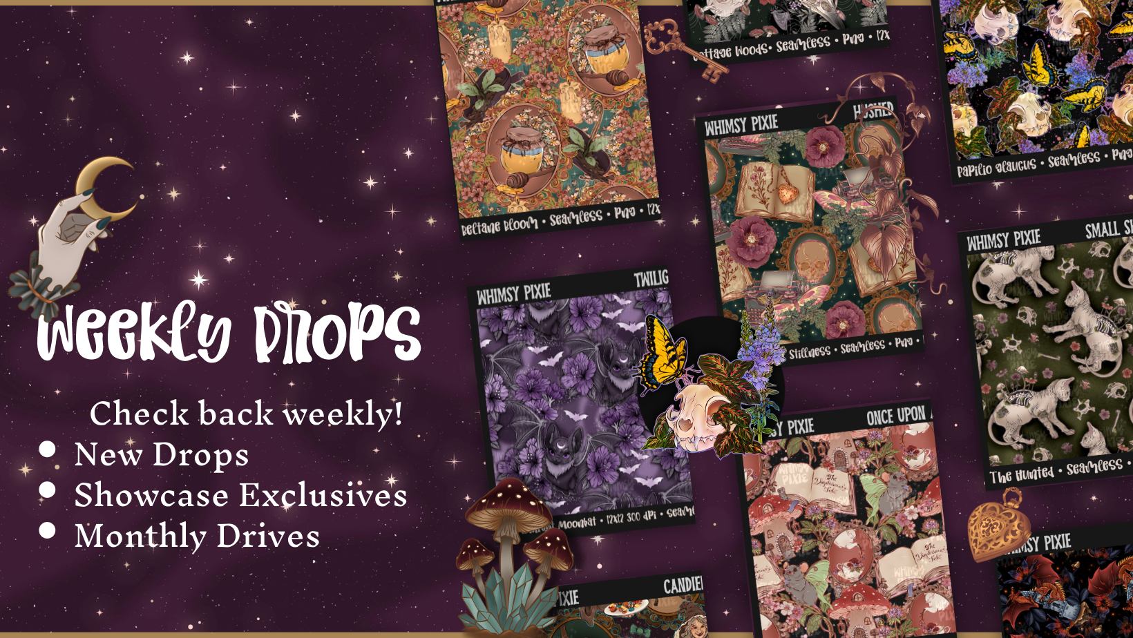 Promotional graphic for 'Weekly Drops' with tarot card designs and text on a purple background.